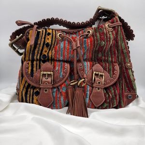 Vintage Isabella Fiore Shoulder Hobo Handbag Chenille Earthy Boho Brown Leather